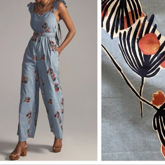 Anthropologie Bel Kazan Blue Red Floral Evie Jumpsuit - Picture 2 of 4